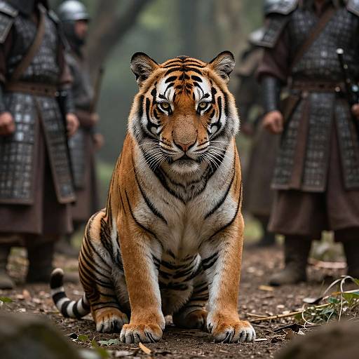 Photograph of a fierce tiger with striking orange and black stripes, standing on a forest path, flanked by armored warriors in medieval armor.