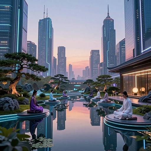 Digital art of serene cityscape at twilight, featuring meditating people in white and purple robes on floating platforms in a reflective pond, surrounded by tall illuminated