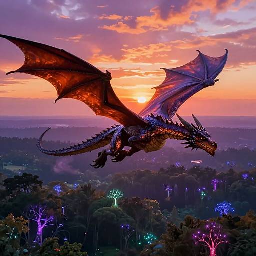Digital artwork of a majestic, red-scaled dragon with outstretched wings soaring over a luminous, twilight forest landscape. Vibrant sunset colors and