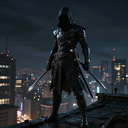 Silhouetted, armored warrior with dual swords stands on a rooftop at night, city lights glowing in the dark, stormy background.