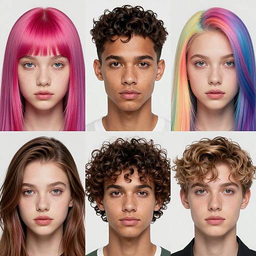 Photograph of six diverse young individuals with distinct hairstyles: pink, black curly, rainbow, brown, dark curly, and blonde, against a white background