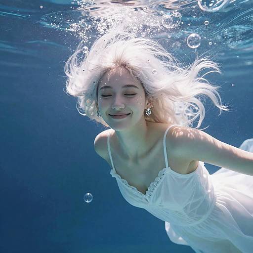 Young Woman Swimming Underwater in White Dress