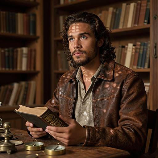 Photorealistic digital art of a bearded, wavy-haired man with blue eyes, wearing a brown leather jacket, reading a book in a dim