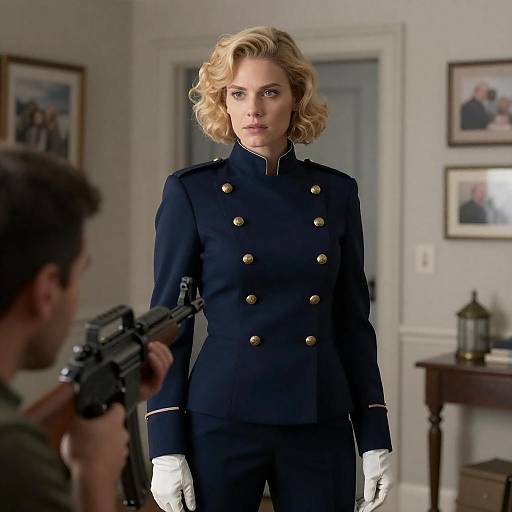 Intense Blonde in Military Jacket Scene