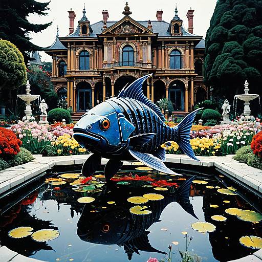 Robotic Cyber Fish in Ornate Fishpond