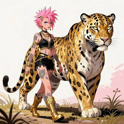 Anime-style digital illustration of a pink-haired girl with tattoos, wearing a black crop top, shorts, and gold boots, walking a large, spotted leopard