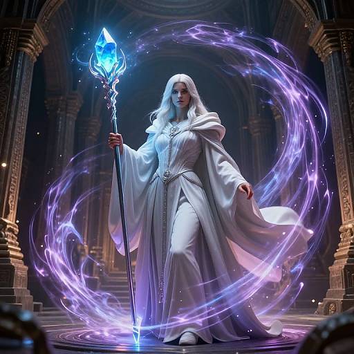 Digital artwork of a white-robed, glowing blue-eyed mage with long white hair, holding a blue flame-tipped staff, surrounded by swirling purple energy