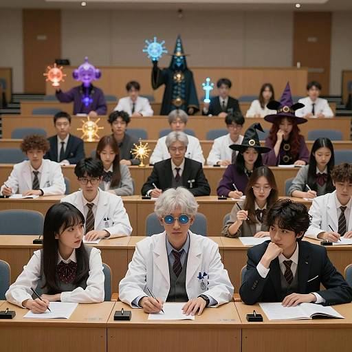 University Classroom with Diverse Magical and Scientific Characters