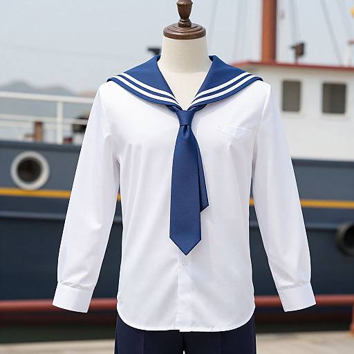 Photograph of a white sailor shirt with navy blue collar and tie, displayed on a mannequin, against a blurred ship backdrop.