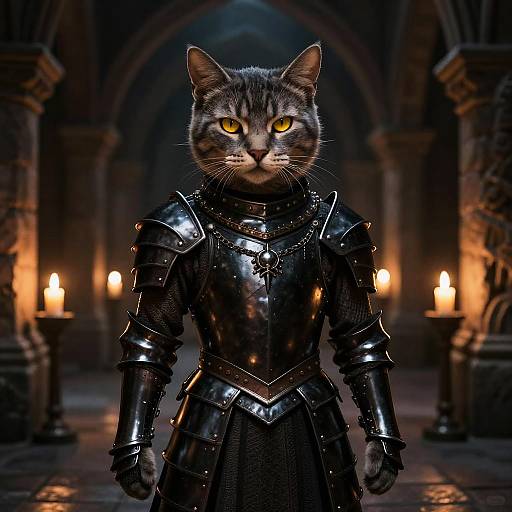 Digital artwork of a fierce tabby cat with glowing yellow eyes, dressed in shiny black medieval armor, standing in a dimly lit, candlelit Gothic