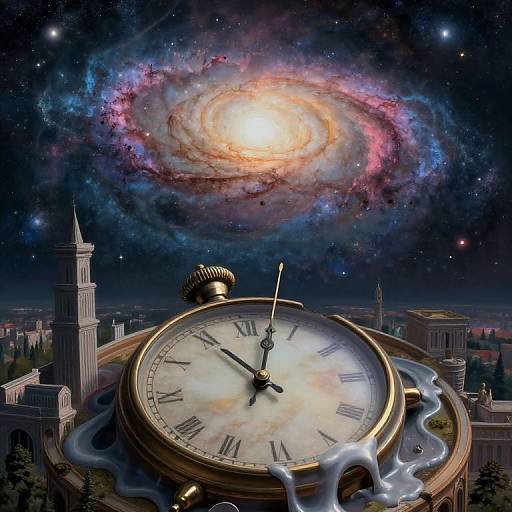 Digital artwork of a large, glowing clock with melted blue liquid, set against a cosmic night sky with a vibrant spiral galaxy, surrounded by silhouet