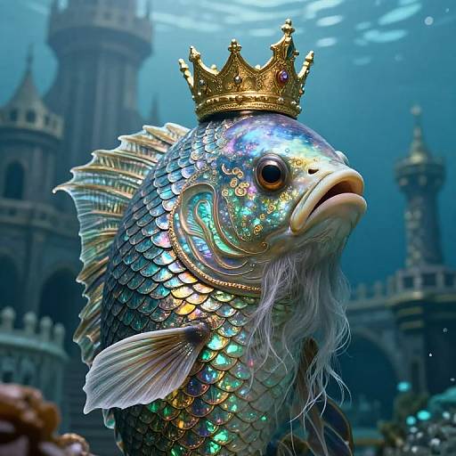 Digital artwork of a shimmering, iridescent fish wearing a gold crown, with a white beard, in a blue-tinted underwater castle.