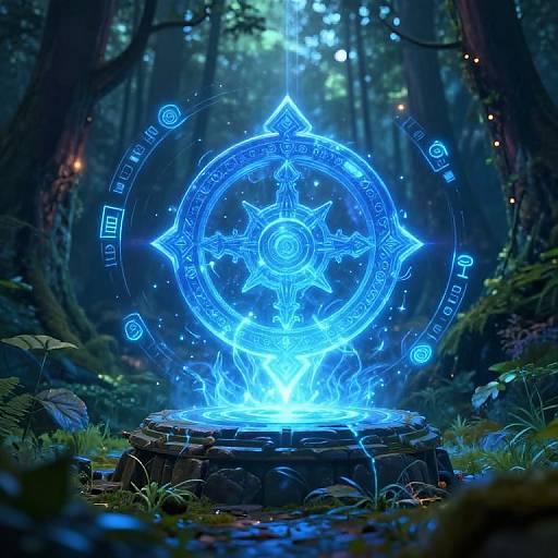 Digital fantasy art: Glowing blue magical compass with runes and stars, surrounded by fire, on a stone pedestal in a dark, enchanted forest.
