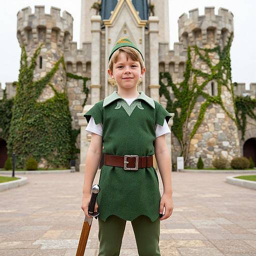 Photograph of a young boy dressed as a fairy tale elf, standing in front of a medieval castle with ivy-covered stone walls. He wears a