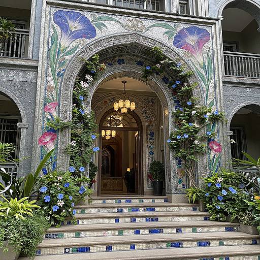 Photograph of an ornate, mosaic-arched doorway adorned with vibrant, large floral designs, blue flowers, and greenery, with illuminated ch