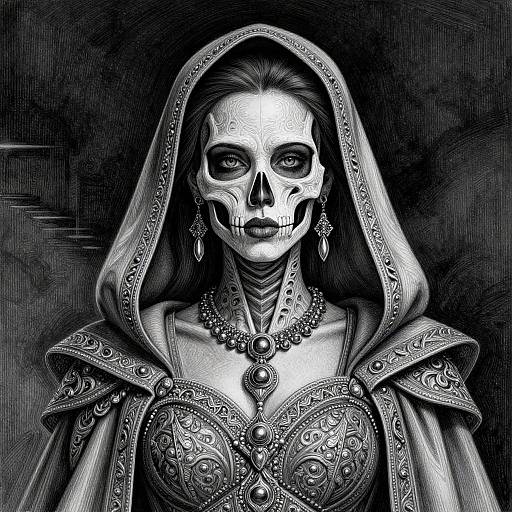 Digital black-and-white drawing of a skeletal woman with a hood, ornate armor, and jewelry, featuring detailed textures and gothic style.