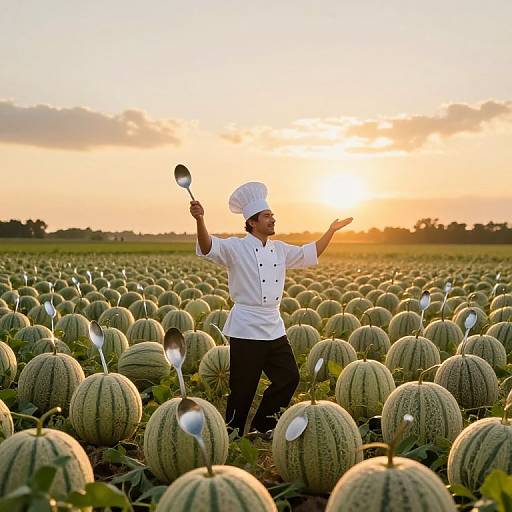 Photograph of a smiling male chef in white uniform, standing in a sunlit watermelon field, holding a spoon aloft at sunset.
