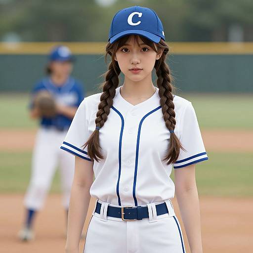 Photograph of an Asian female baseball player with long braids, blue cap, white uniform, and black belt, standing on a field, slightly blurred