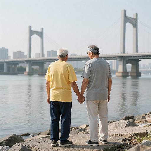 Elderly Friendship by the Riverbank