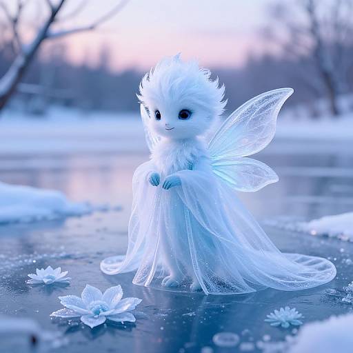 Photograph of a cute, small, white, fairy-like creature with fluffy fur, delicate wings, and black eyes standing in a snowy, icy lake