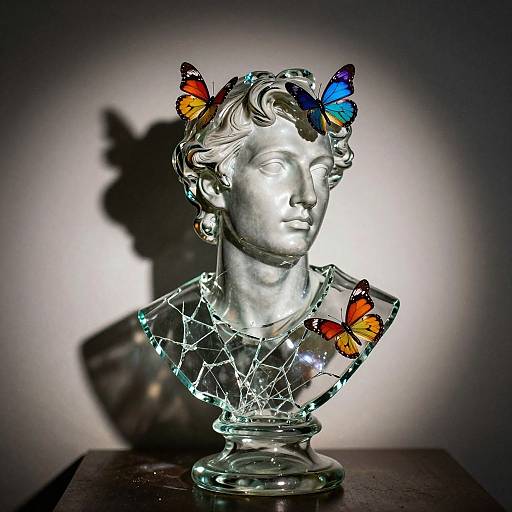 Photograph of a silver bust with glass wings and colorful butterfly decorations, casting a shadow, against a dark background.