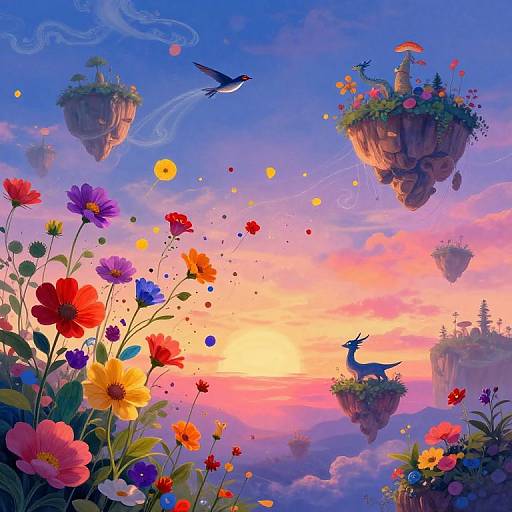 Fantastical digital painting of a vibrant sunset sky with floating flower islands, colorful flowers, birds, and a hummingbird, surrounded by swirling clouds and