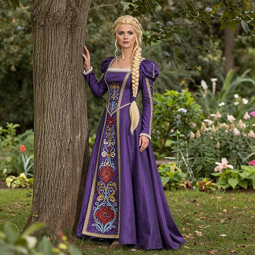 Digital art of a blonde woman with long braid, wearing a detailed purple medieval dress, standing by a tree in a lush garden.