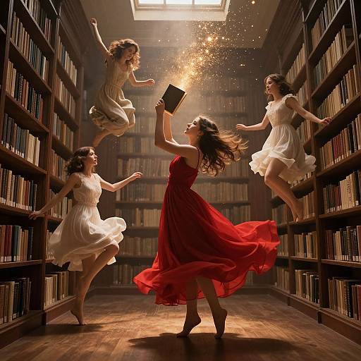 Photograph of four women in flowing white and red dresses, leaping joyfully around a sunlit library, surrounded by bookshelves, with one
