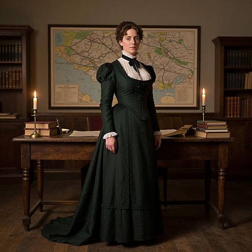 Photograph of a Victorian-era woman in a black dress with white lace, standing in a dimly lit library, map on wall, candles lit,