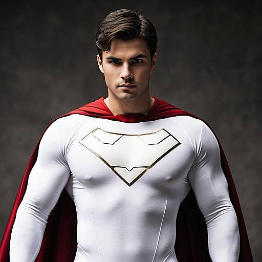 Male Superhero in White Costume with Red Cape