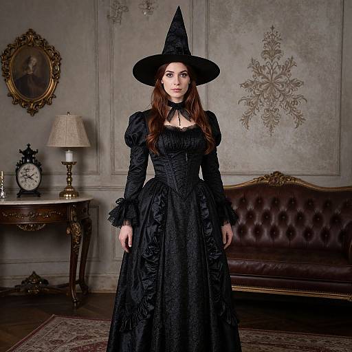 Photograph of a fair-skinned woman with long brown hair in a black Victorian-style witch dress and hat, standing in an ornate, vintage room