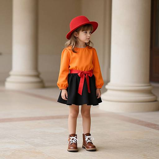 Photograph of a young girl with light brown hair, wearing an orange long-sleeve shirt, black skirt with red ribbon, red hat, and