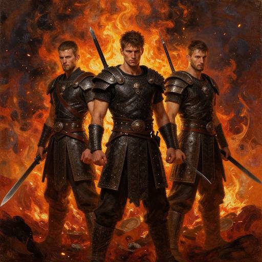 Three muscular, armored warriors with swords stand back-to-back in front of intense, orange flames. Photorealistic digital art.
