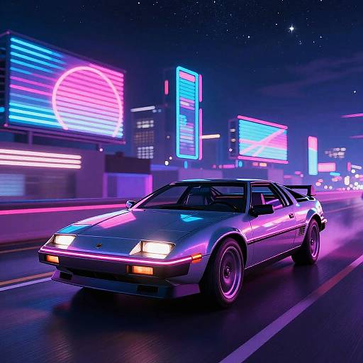 Neon-lit night scene: futuristic, glowing pink and blue, a sleek, white, 80s sports car with a spoiler speeds through a