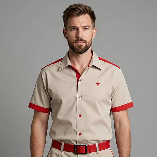 Photograph of a bearded Caucasian man with short brown hair, wearing a beige shirt with red trim and buttons, and red belt, against a plain