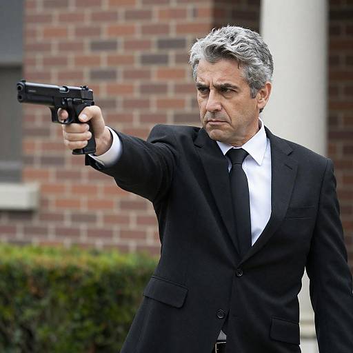 Determined Man Aiming Gun in Suit