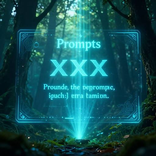Digital artwork of a mystical forest with glowing blue text overlay: 