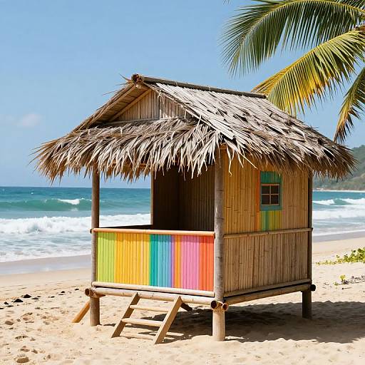Photograph of a rustic, bamboo lifeguard hut with a thatched roof and colorful rainbow front panel, standing on a sunny beach with palm trees and