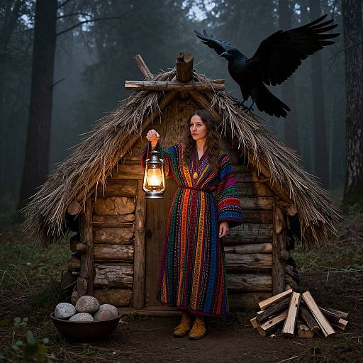 Photograph of a woman in a colorful, striped robe, standing in front of a rustic wooden hut, lantern lit, black crow flying, forest background