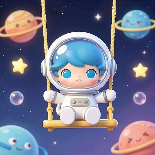 Chibi astronaut with blue hair and large blue eyes sits on a yellow swing in a colorful, starry space background with cute planets. Digital art.