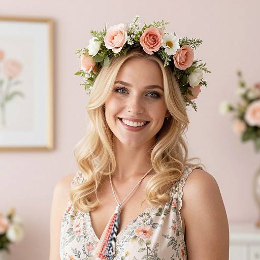 Photograph of a smiling blonde woman with curly hair, wearing a floral crown and dress, set against a softly lit, floral-themed background.