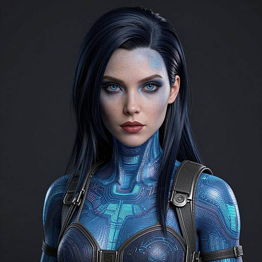 CGI portrait of a pale-skinned woman with blue glowing circuit patterns on her skin, black hair, blue eyes, and brown harness, against a