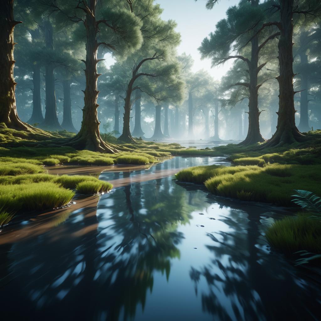 Serene Liquid Forest in Hyperrealistic Art