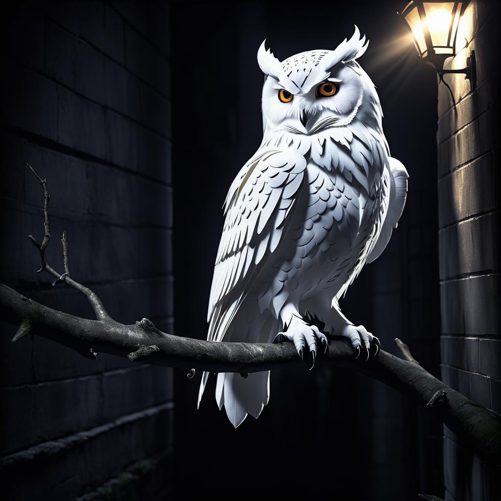 Photorealistic White Owl in Dark Alley