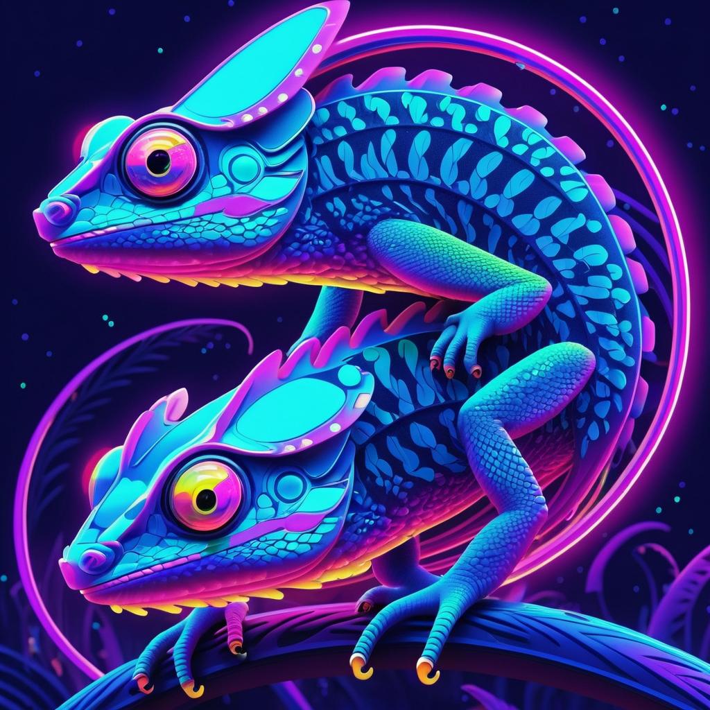 Surreal Neon Chameleon Fantasy Illustration