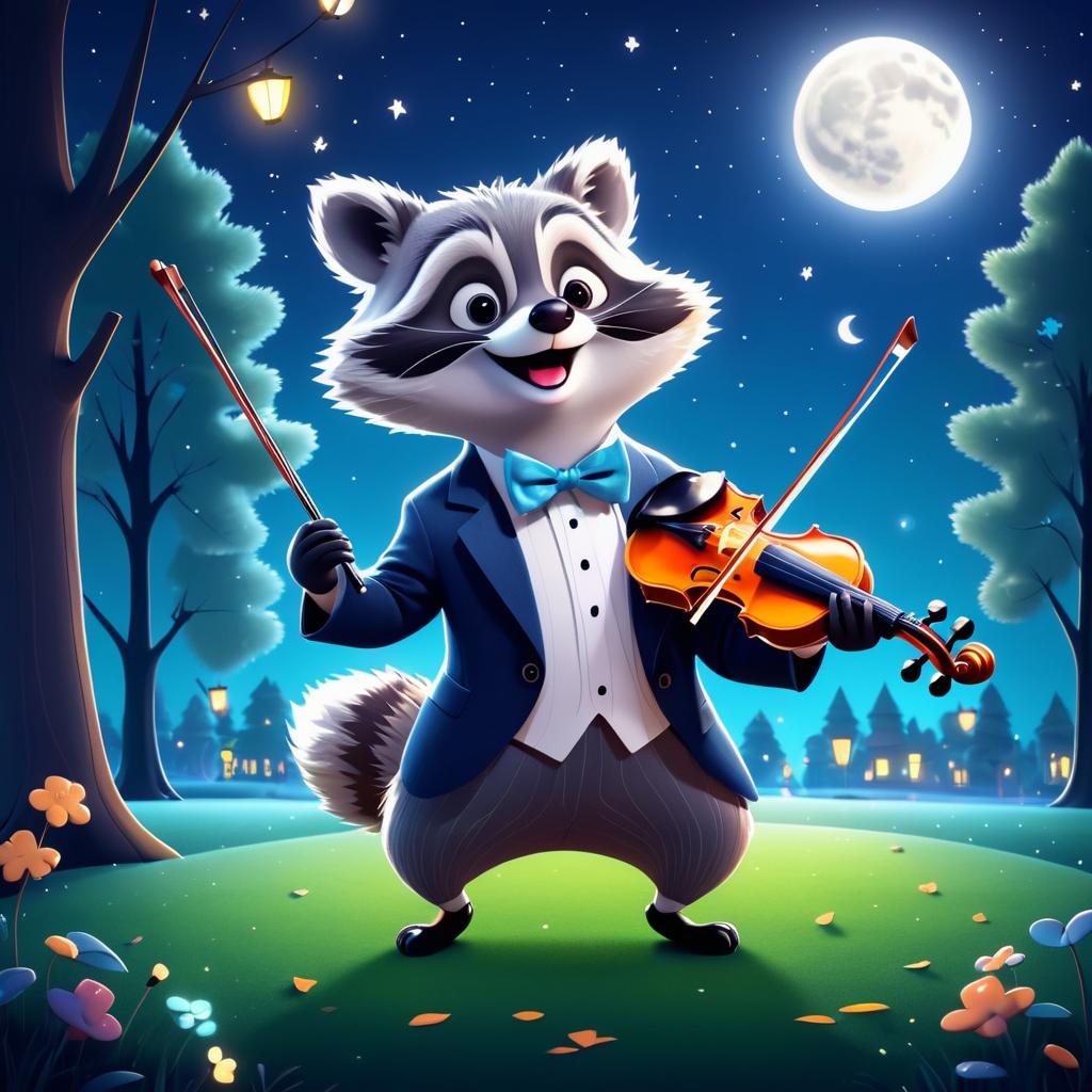 Joyful Raccoon Playing Violin at Night