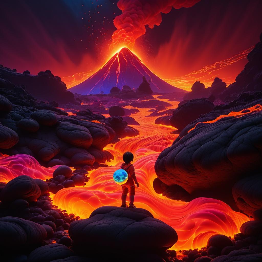 Surreal Child in Fiery Lava Landscape