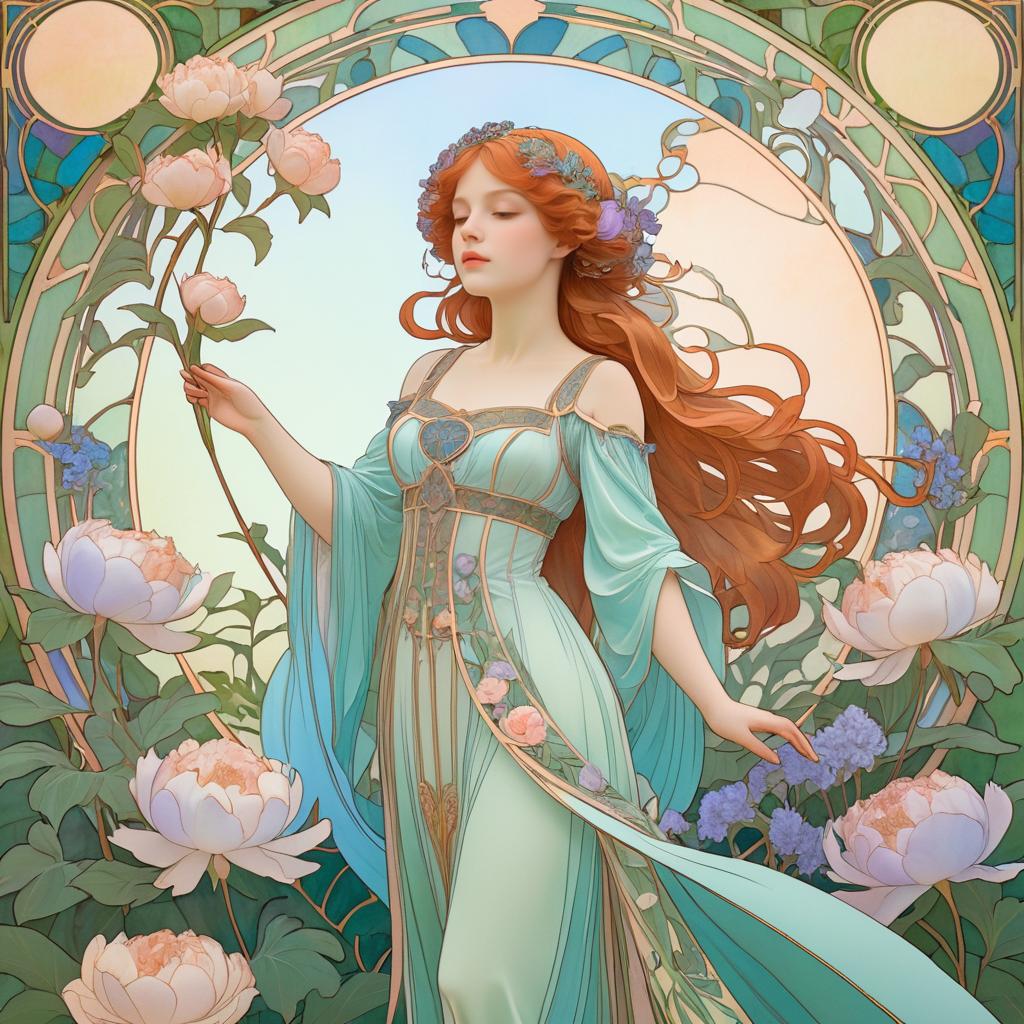 Graceful Maiden in Art Nouveau Garden