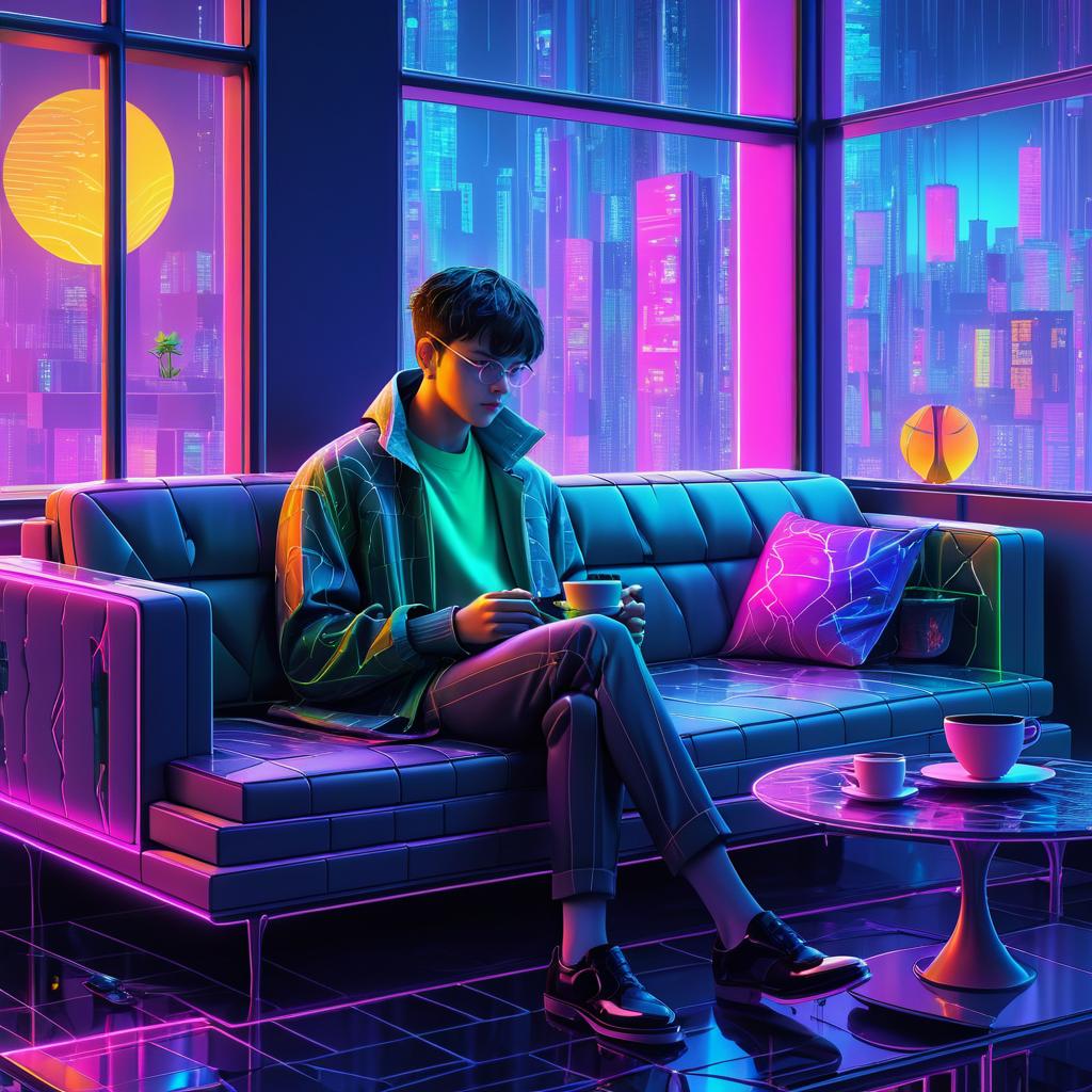 Cozy Cyberpunk Scene with Chameleon