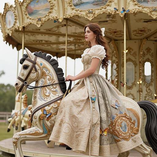 Photograph of a brunette woman in an ornate, cream-colored ball gown with blue butterflies, riding a decorated, gold and blue carousel horse with intricate